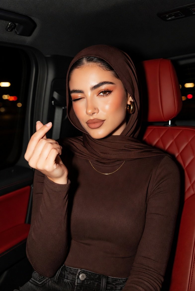 Luxury Car Hijab Portrait with Finger Heart 2