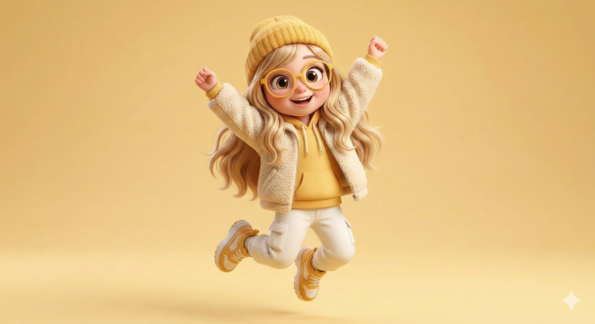 Pixar-style 3D character of a cheerful girl in yellow 2