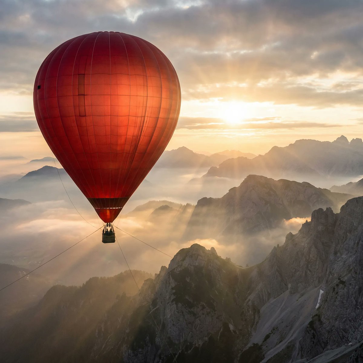 Giant Red Balloon Above Misty Mountains 1