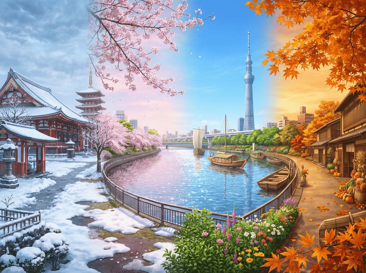 Four Seasons Panorama of Asakusa and Skytree 1