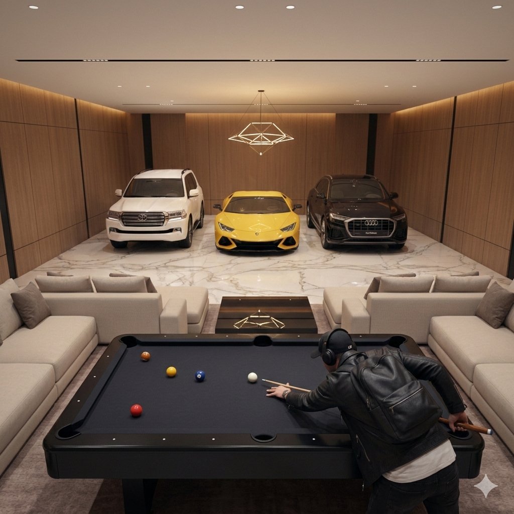 Luxury Lifestyle Billiards Scene with High-End Cars 2