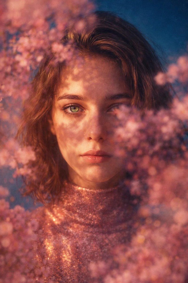 Poetic Cinematic Portrait with Pink Blossoms Prompt 3