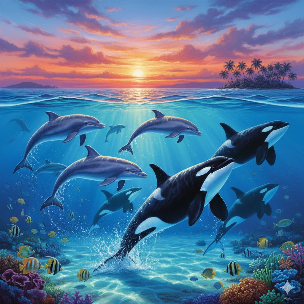 Lassen-style Painting with Dolphins and Orcas 2