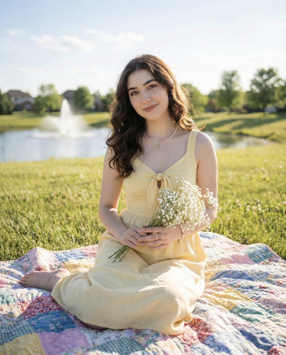 Natural outdoor portrait of a young woman on a picnic blanket 1