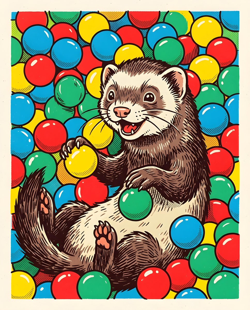 Whimsical Ferret Ball Pit Illustration 1
