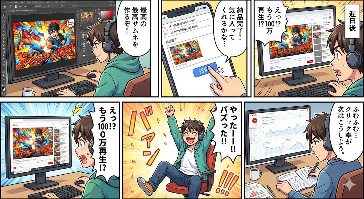 Five-panel manga of a YouTube thumbnail creator workflow 1