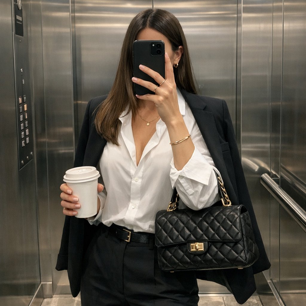 iPhone Mirror Selfie with Old Money Corporate Elegance Vibe 4