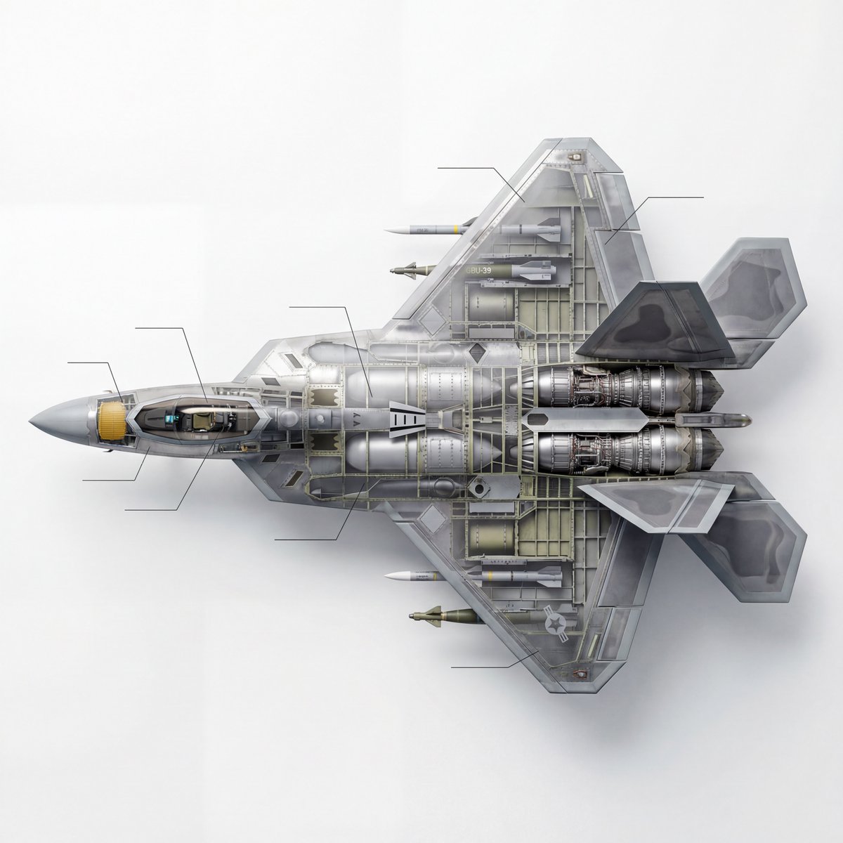 Cutaway infographic of a 5th generation stealth fighter jet 1