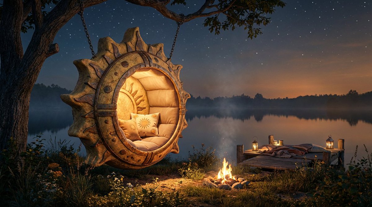 Cinematic lakeside hanging chair concept prompt with space object theme 3