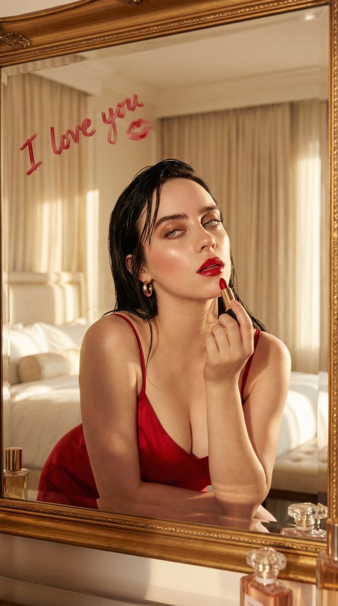Cinematic Portrait of a Woman Applying Red Lipstick (Alternative) 2