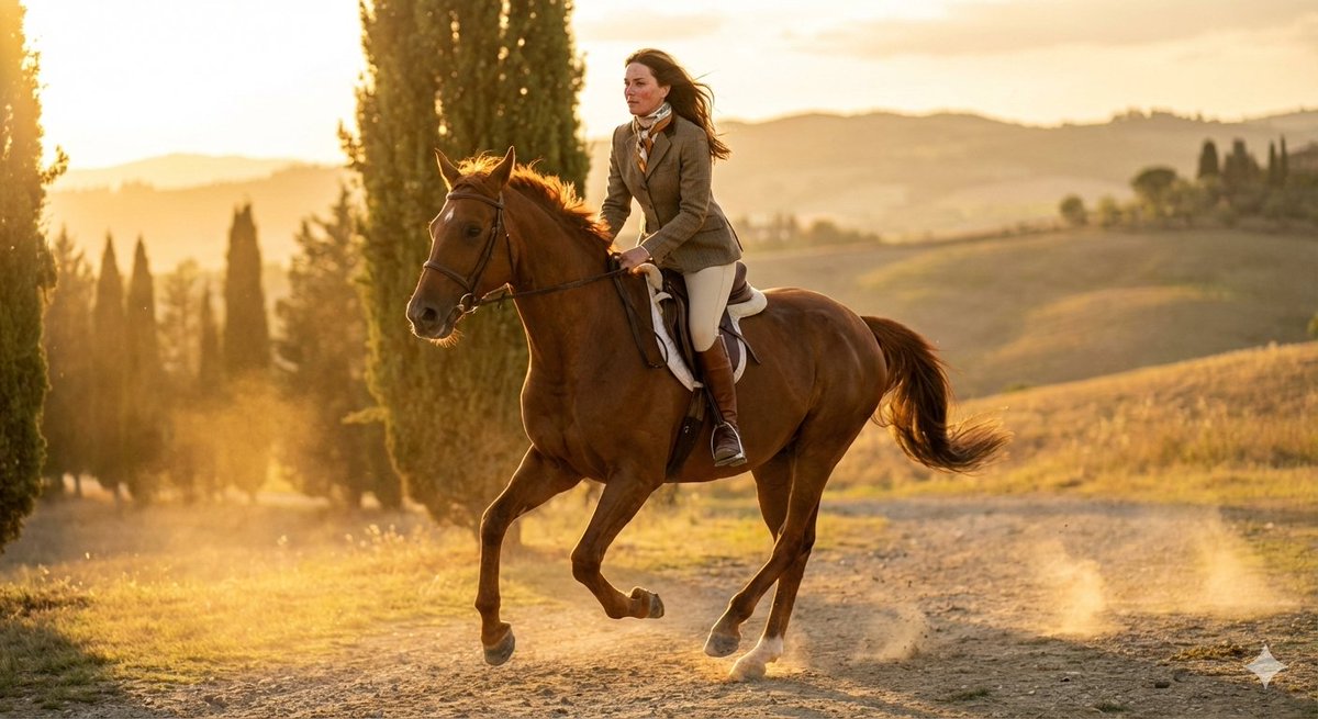 Dynamic Equestrian Model in Tuscan Fields at Golden Hour 2