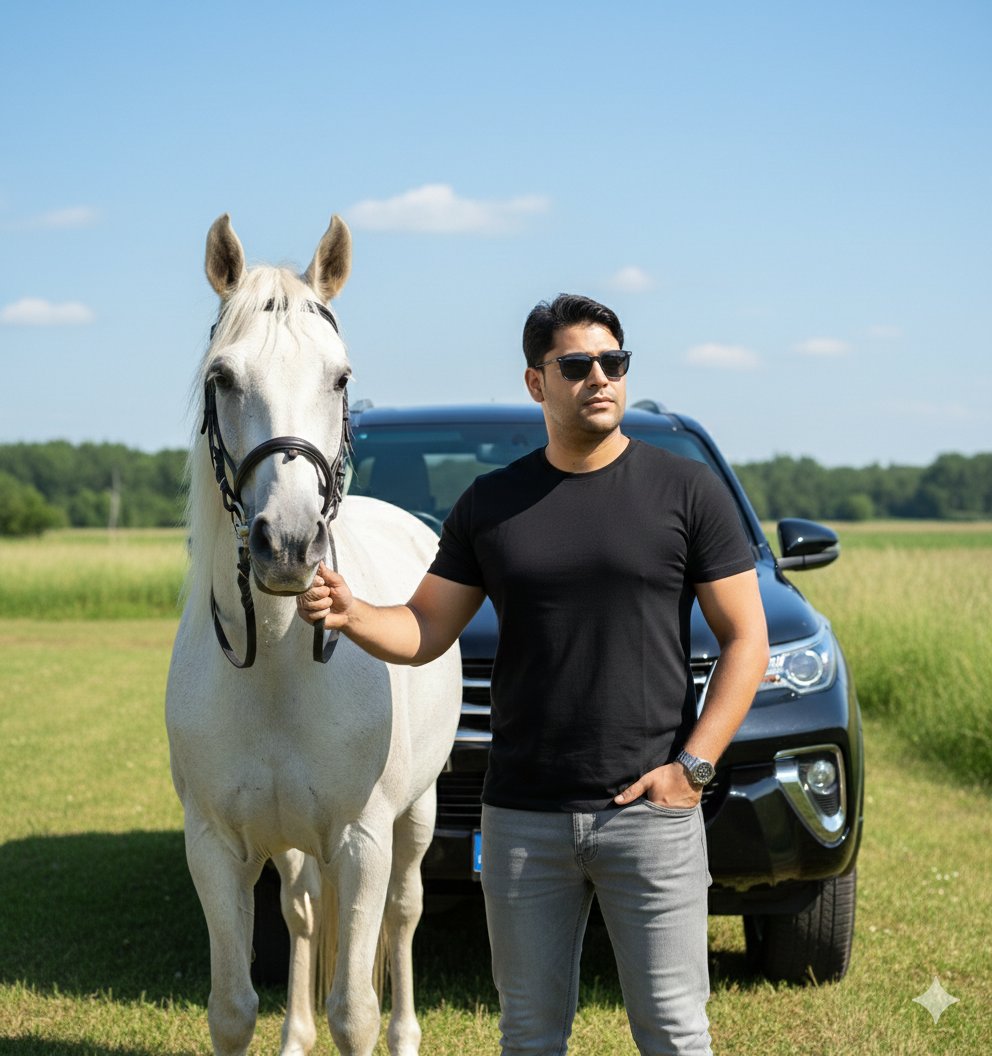 Image Generation Prompt for Man with Horse and Car 1