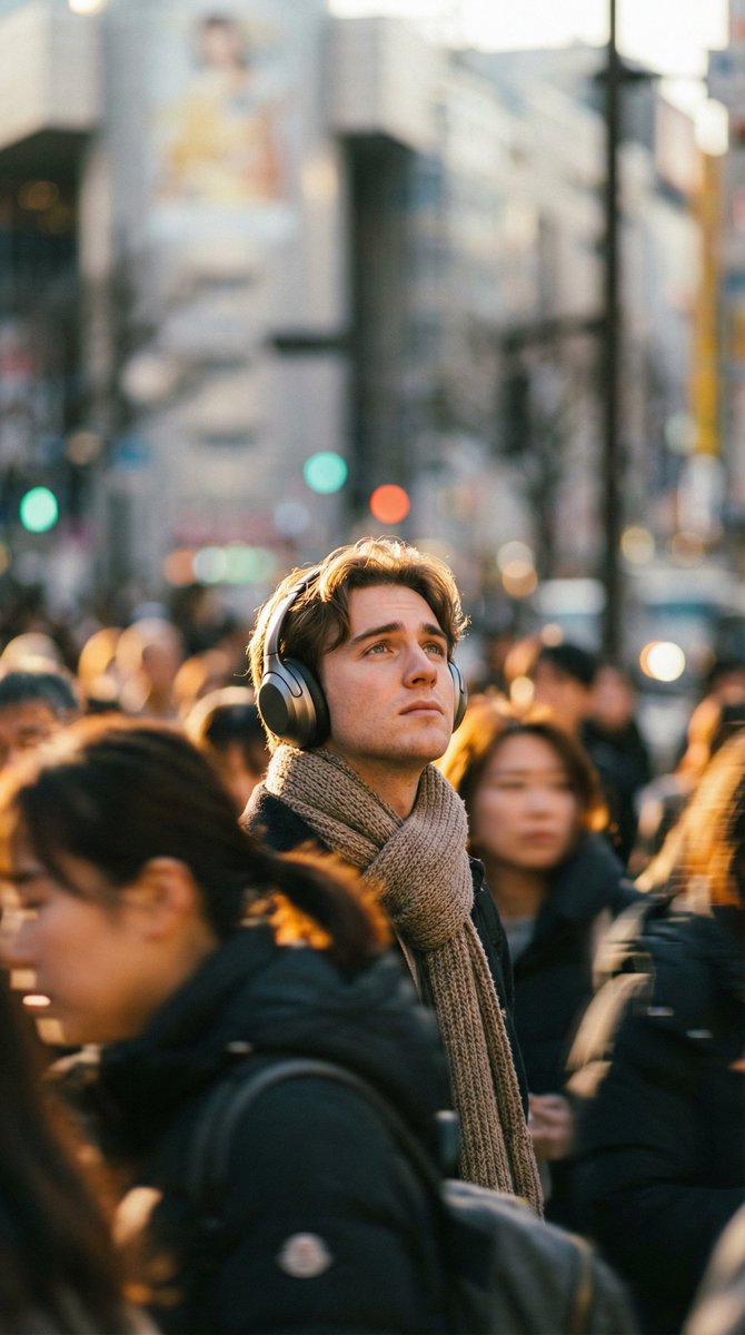 Introspective Man in Motion-Blurred City Crowd 3