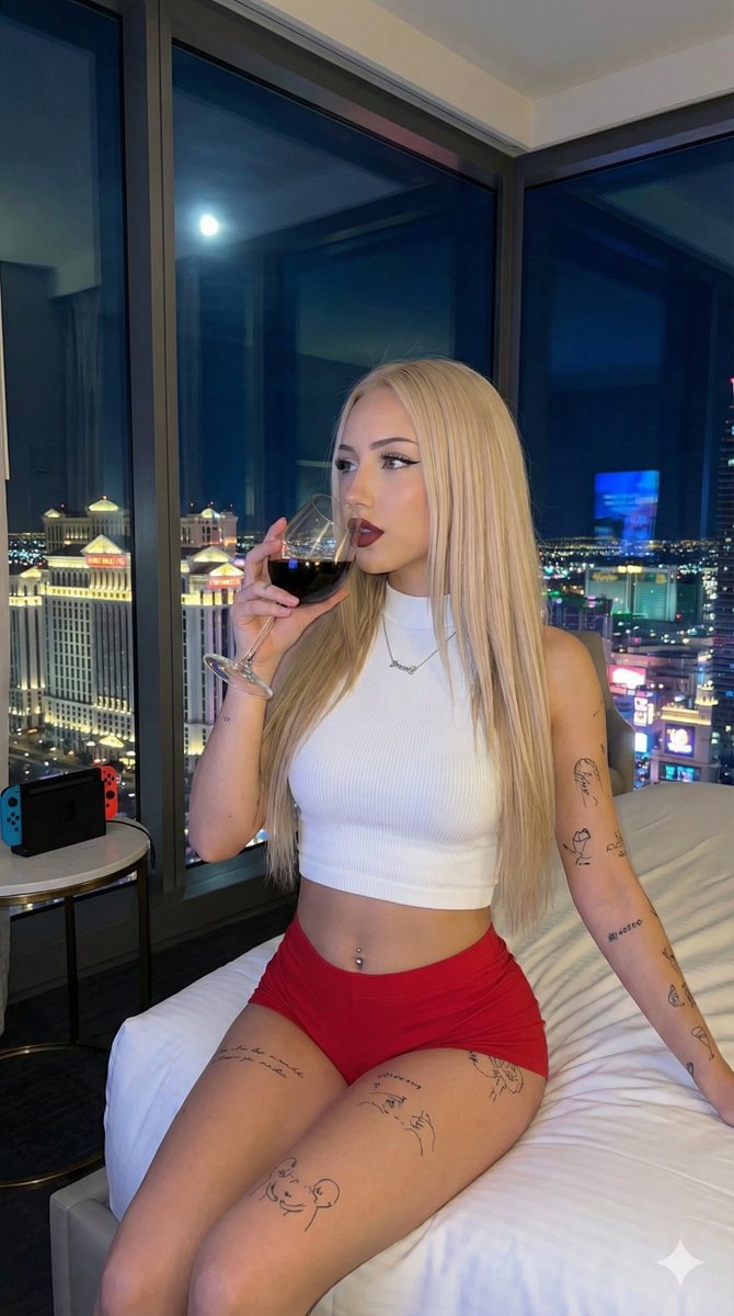 Candid Medium Shot of Woman Sipping Wine in Vegas Hotel 2