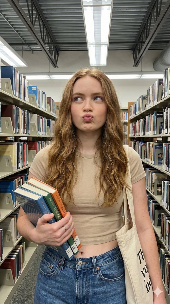 Playful Lifestyle Photo of Woman in Library Prompt 3