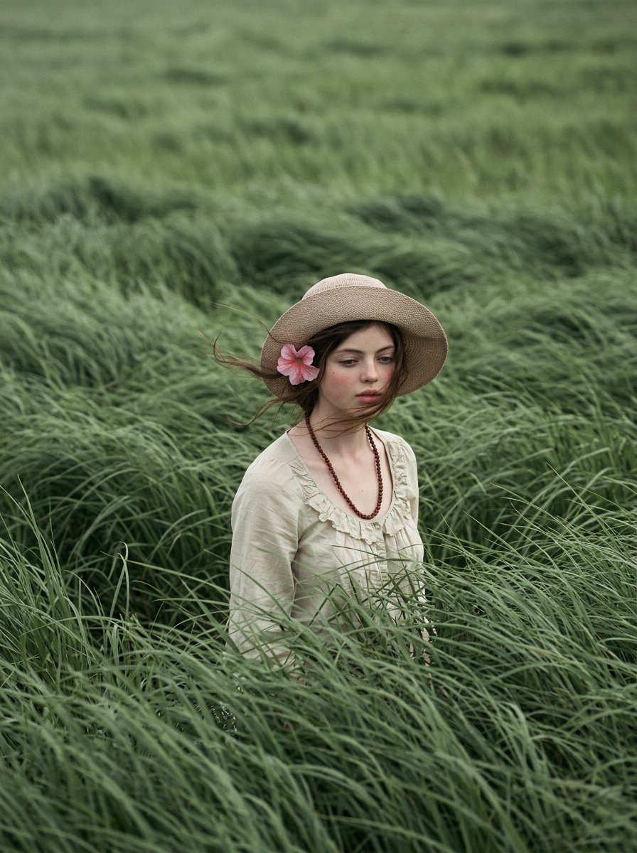 Cinematic Portrait in Sage-Green Grass Field 2
