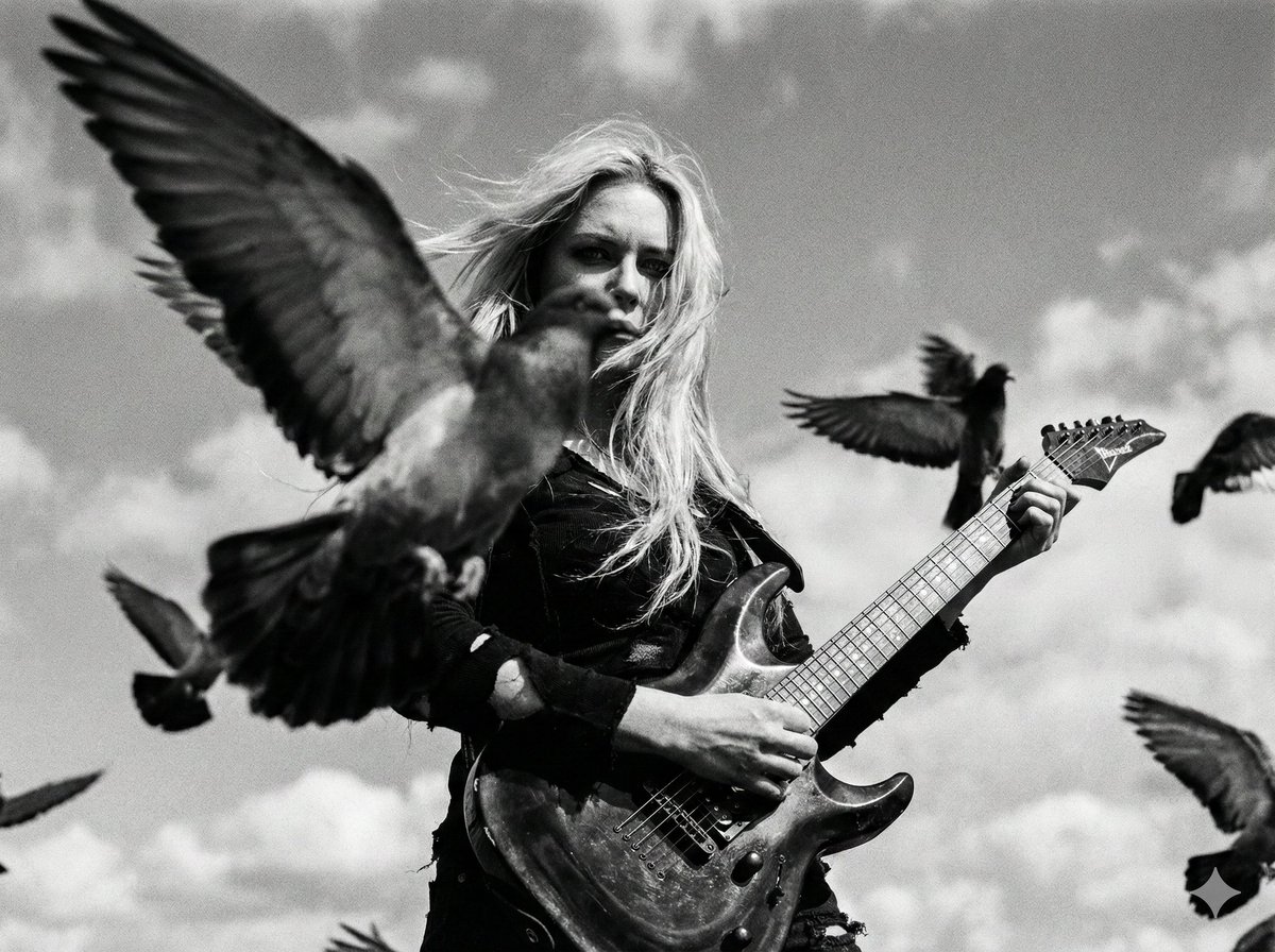 Cinematic Black and White Photo of Woman with Guitar and Pigeons 1
