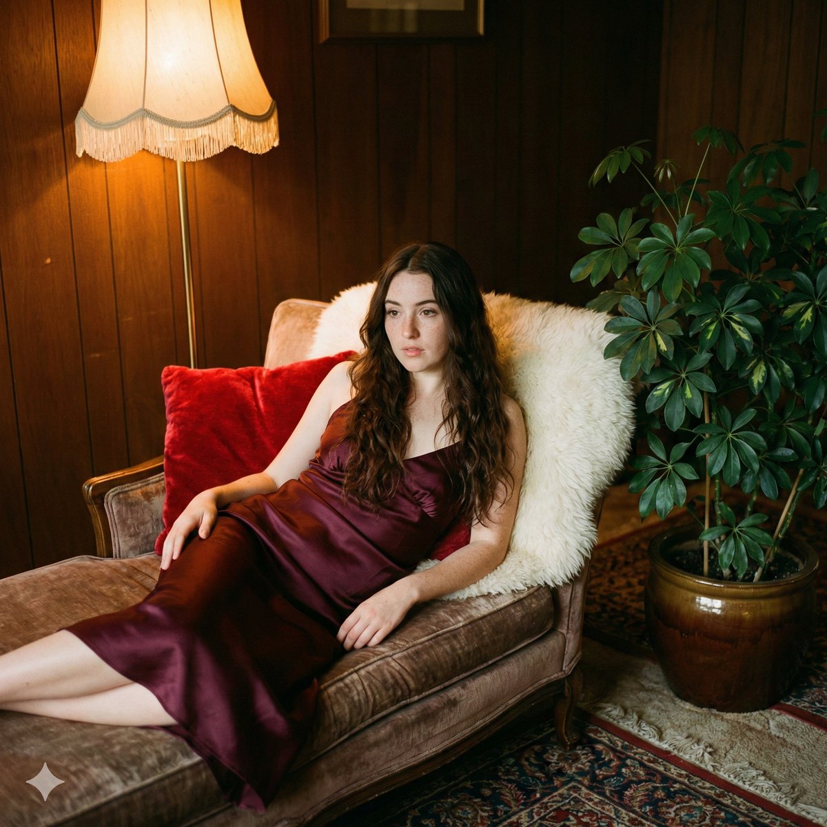 Vintage 70s analog portrait on a velvet sofa 1