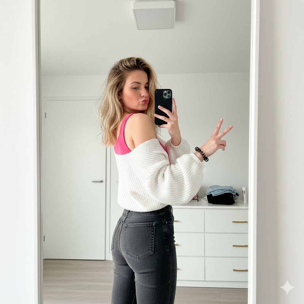 Playful Mirror Selfie with Peace Sign 1