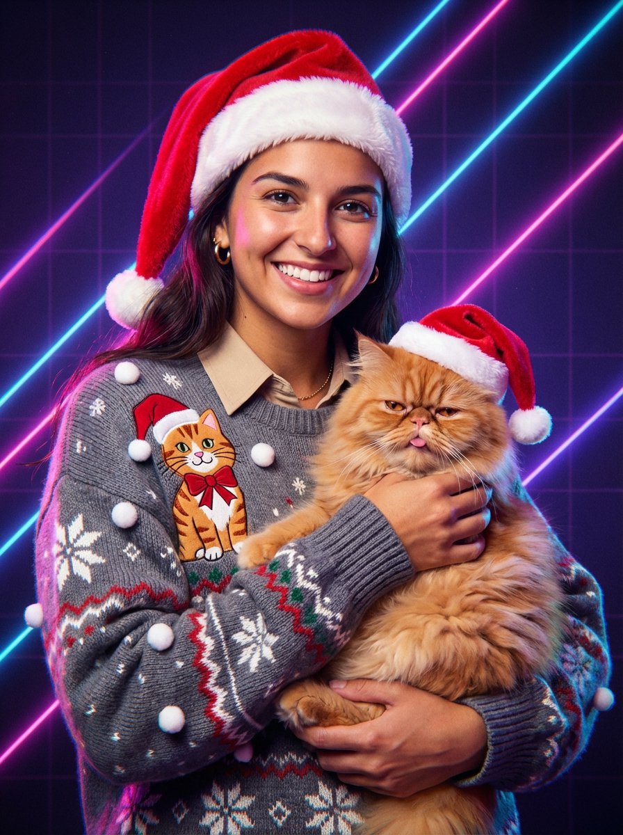 Vintage 80s Laser Portrait of Man with Cat in Santa Hats 1