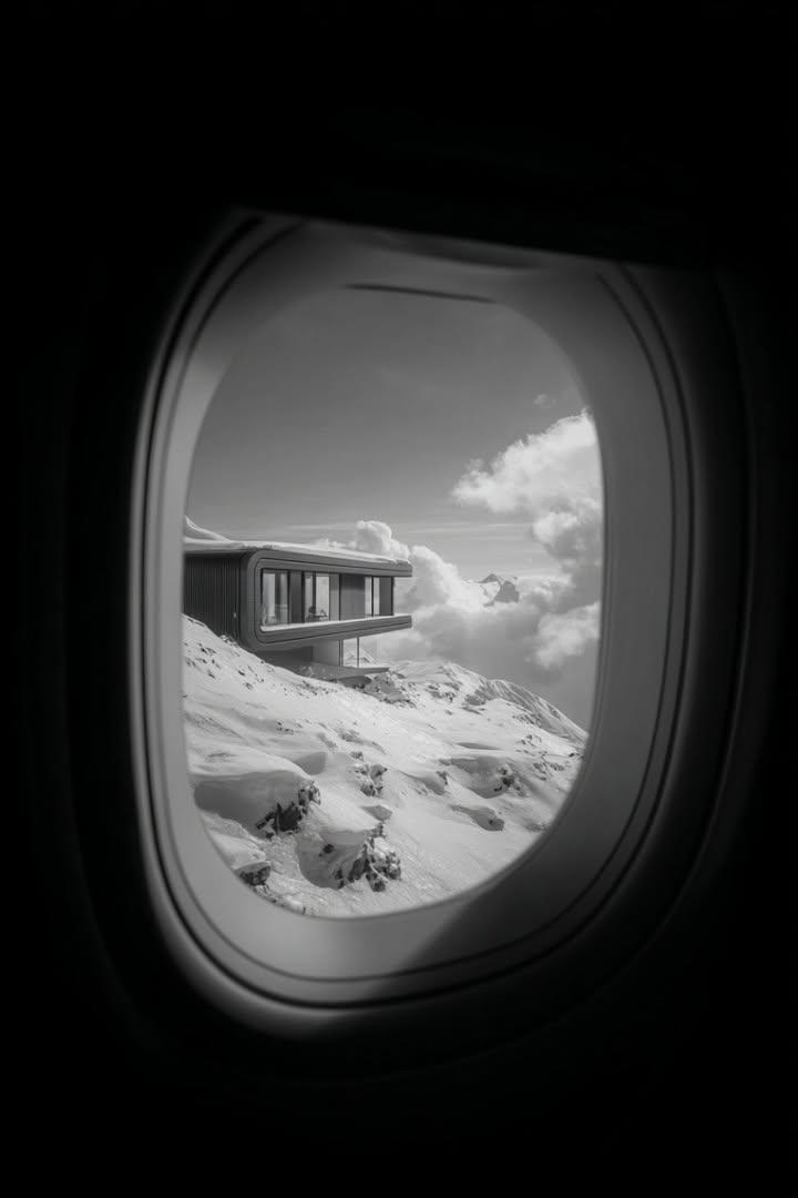 Black and White Futuristic House from Airplane Window 1