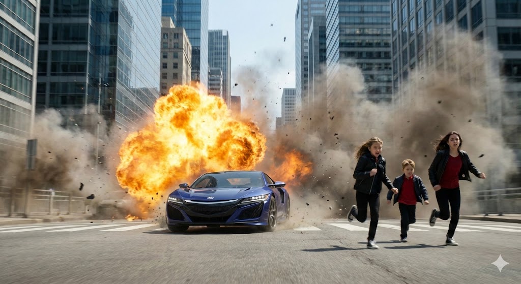 Cinematic Action Scene: Explosion Behind High-Speed Car 1