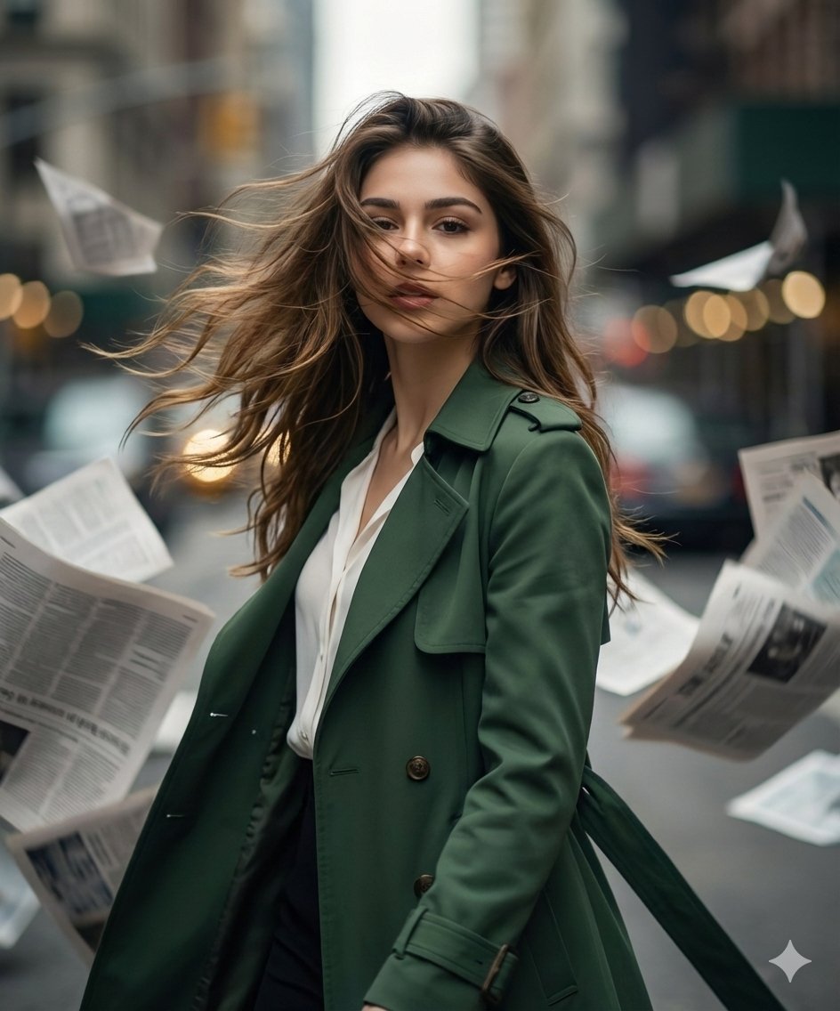 Cinematic fashion editorial in a windstorm 2