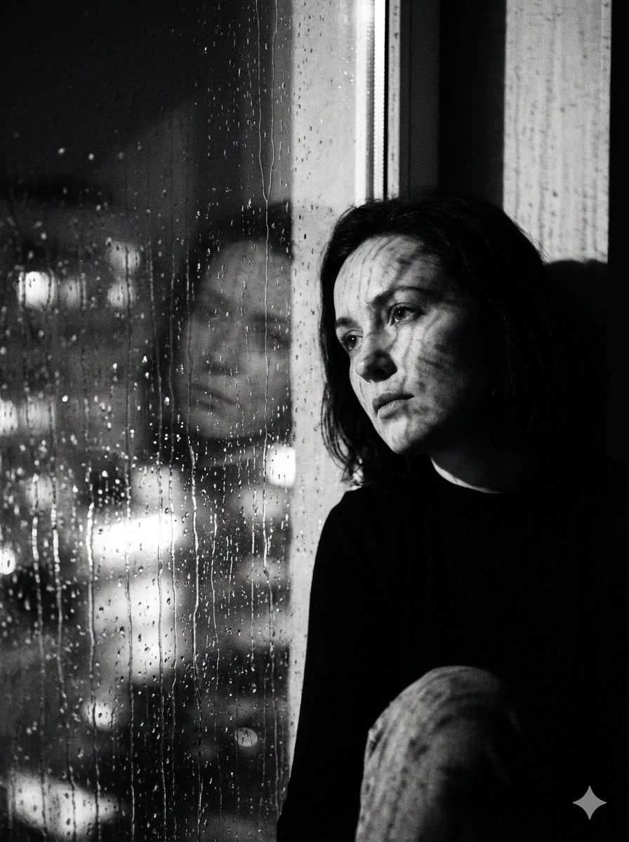 Black and White Rainy Window Portrait Prompt 1