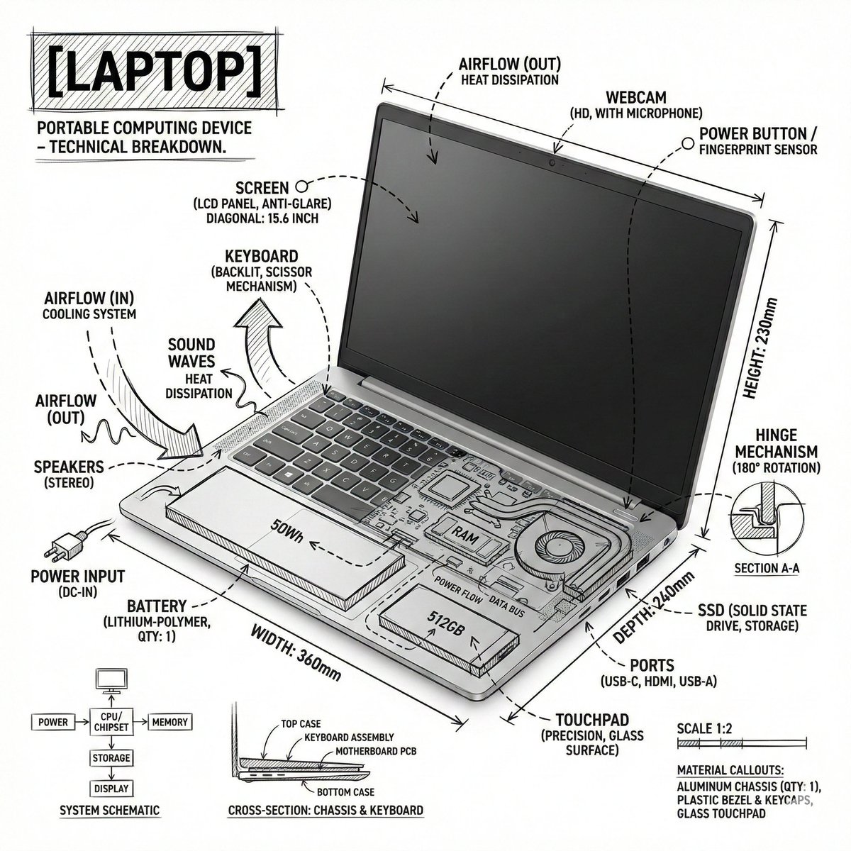 Technical Infographic Overlay on a Laptop Image 1