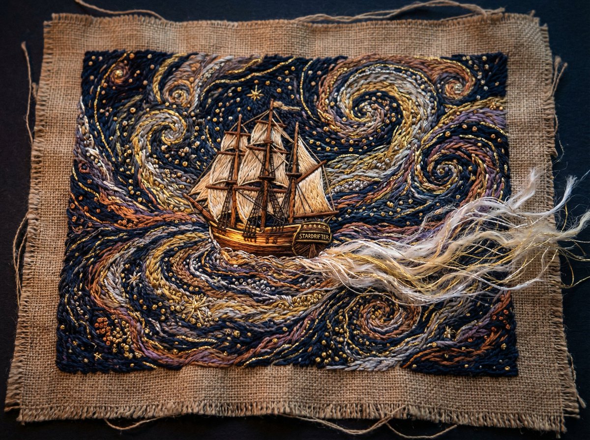 Tactile Embroidered Tapestry of a Ship in Nebulae 3