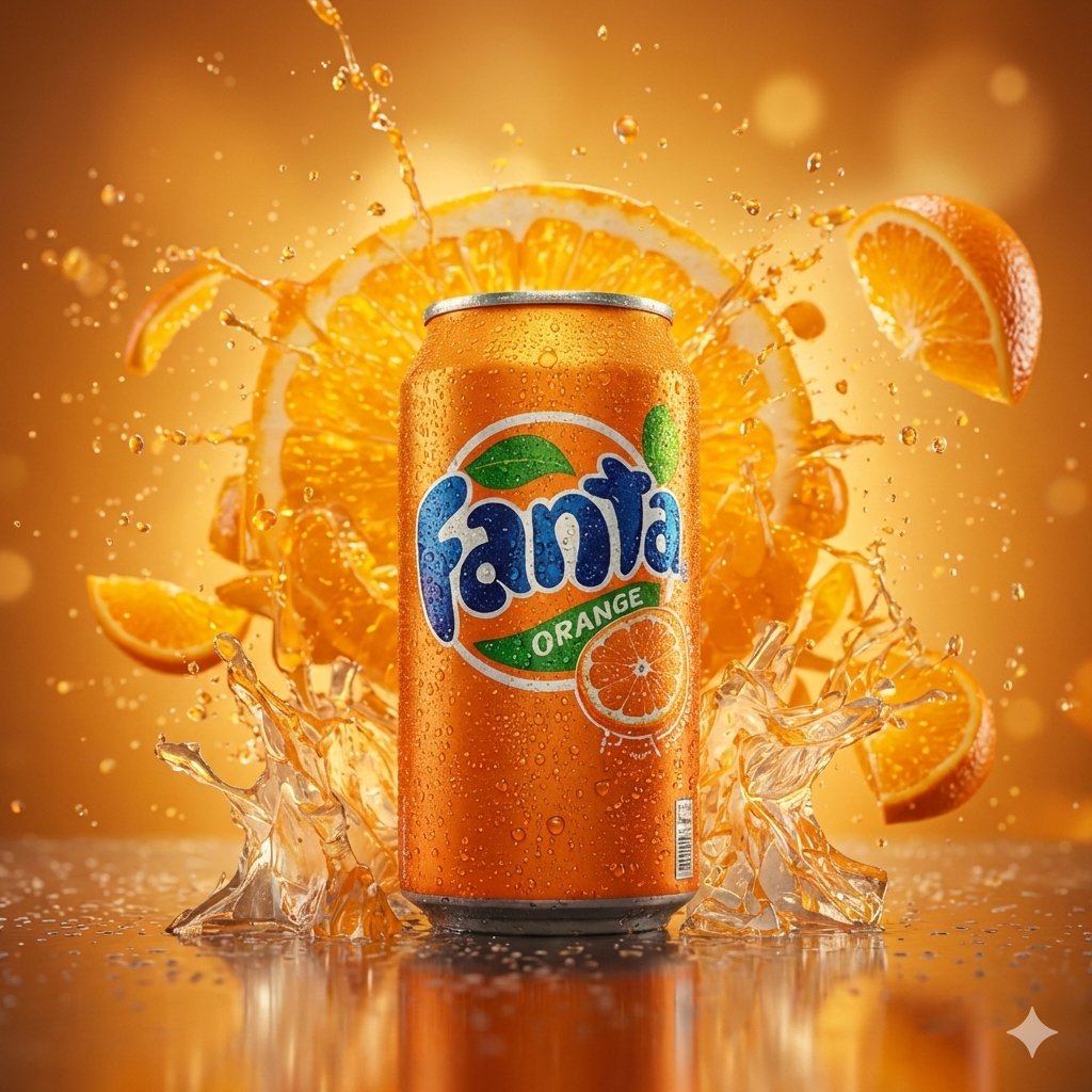 Hyper-realistic cinematic product shot of Fanta Orange can with exploding orange slices 1