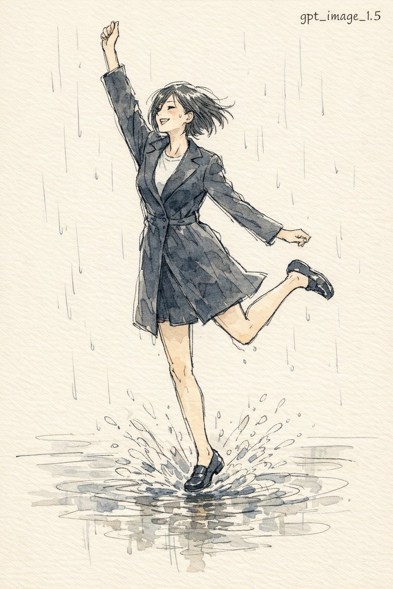 Ink pen style illustration of a woman jumping in the rain 2