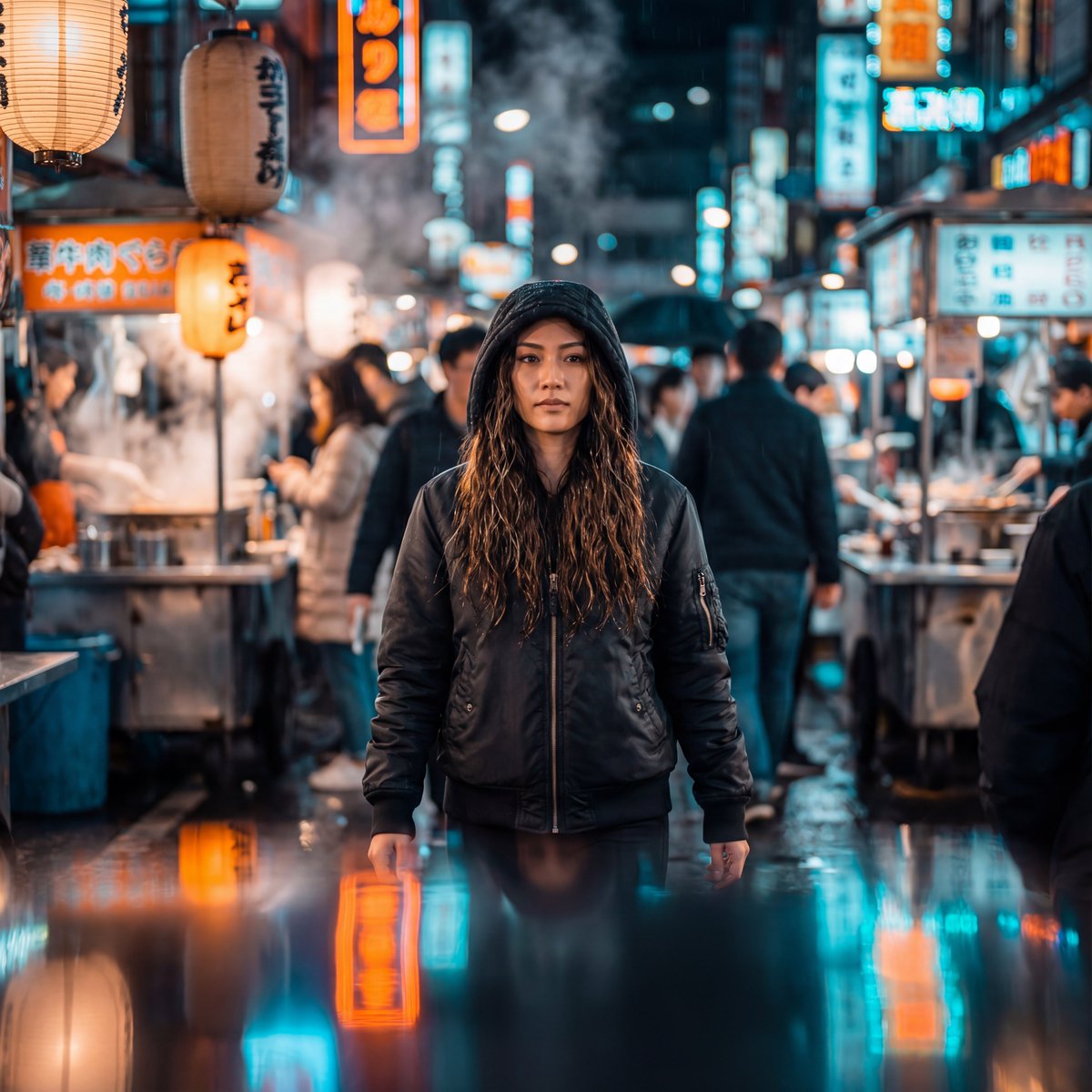 Neon-Lit Night Market Cinematic Portrait 1