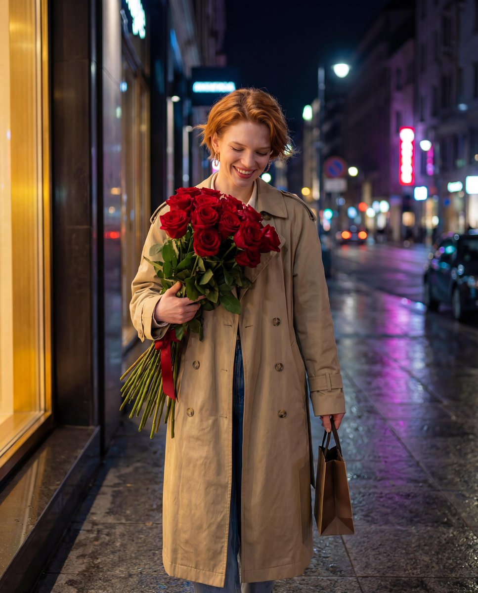 Candid Night-Time Street Style Photo with Roses 2