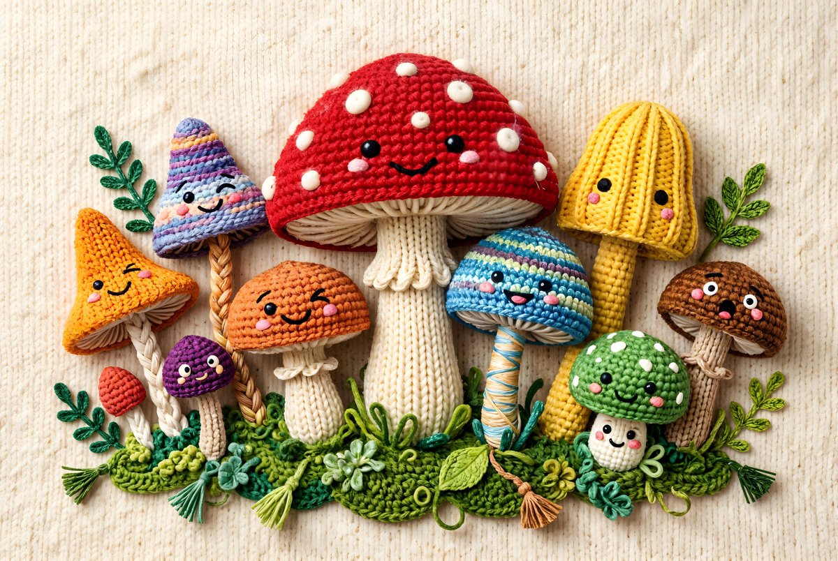 Whimsical Yarn Style Mushrooms 1