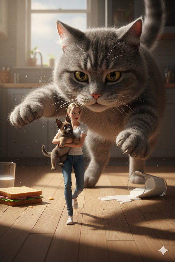 Cinematic Giant Cat Chasing Tiny Woman 1