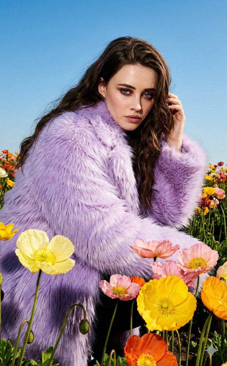 Purple faux fur fashion portrait with harsh flash prompt 2