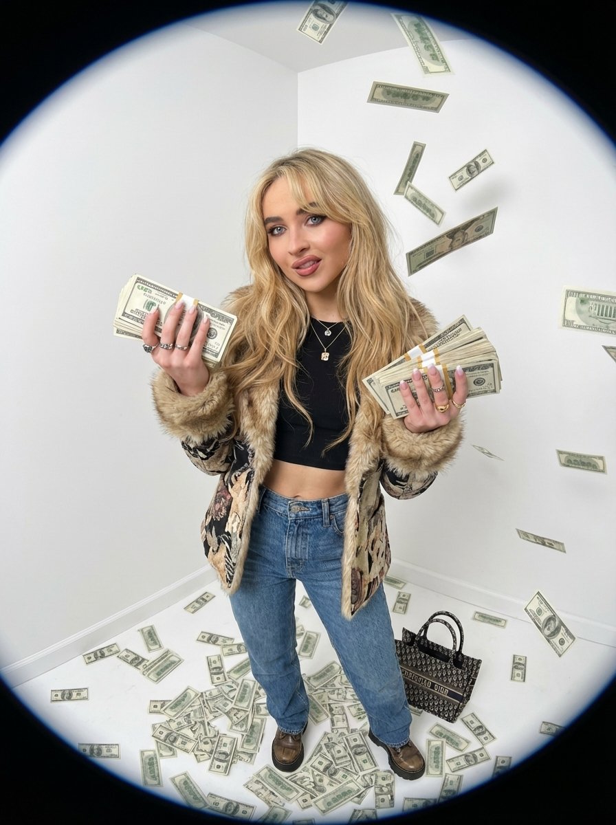 Fisheye portrait with money in a white studio 3