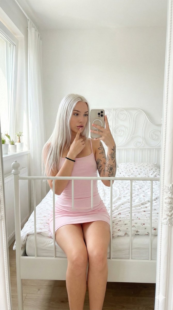 Photorealistic Mirror Selfie in Bright White Bedroom 2