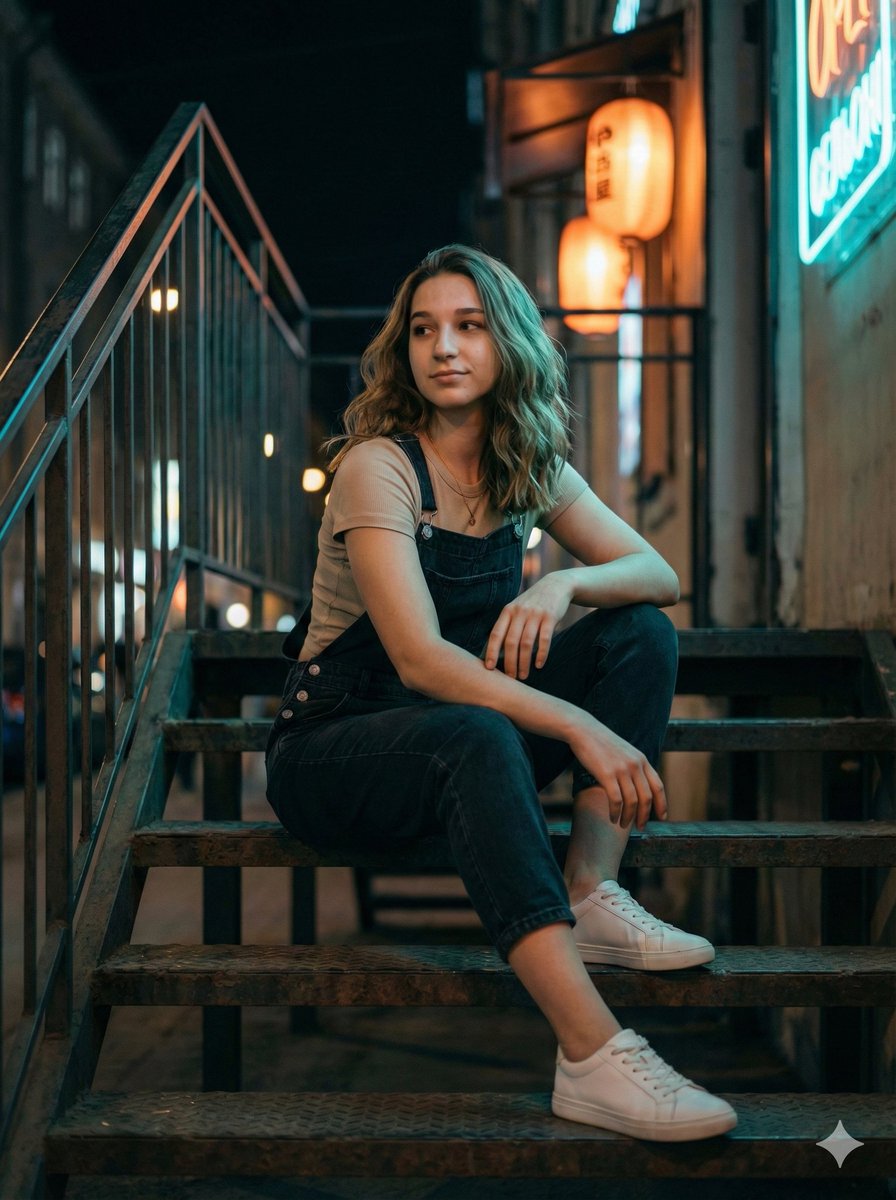 Cinematic Night Portrait on Urban Stairs 3