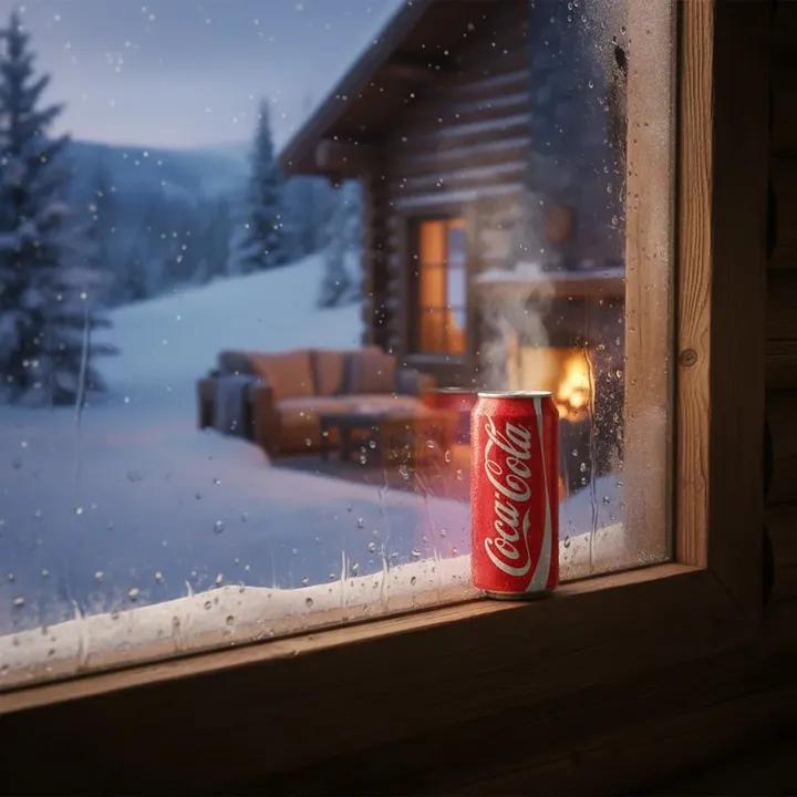 Winter Cabin Scene with Frosted Window and Coca-Cola Can 1