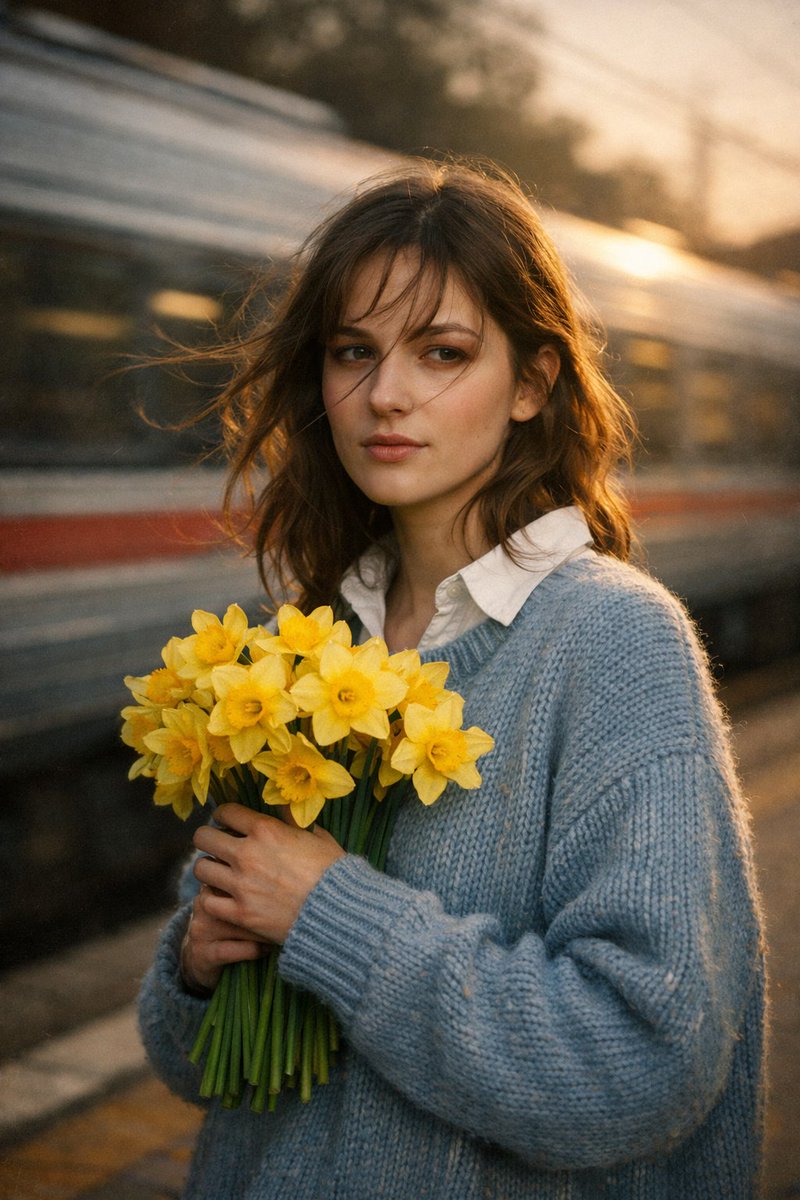 Cinematic Portrait at Railway Platform with Daffodils 1