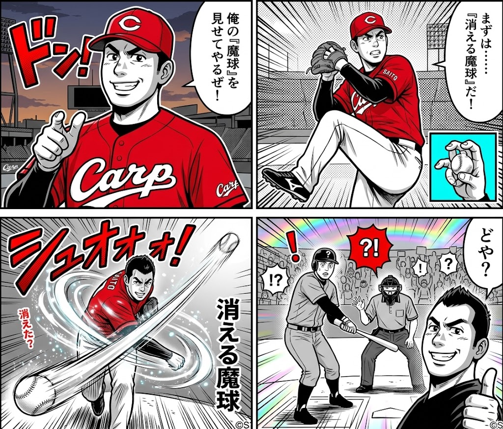 AI-generated 4-panel manga: The Vanishing Magic Ball 1