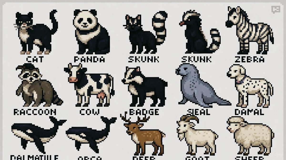 16-bit pixel art poster of black-and-white animals 2