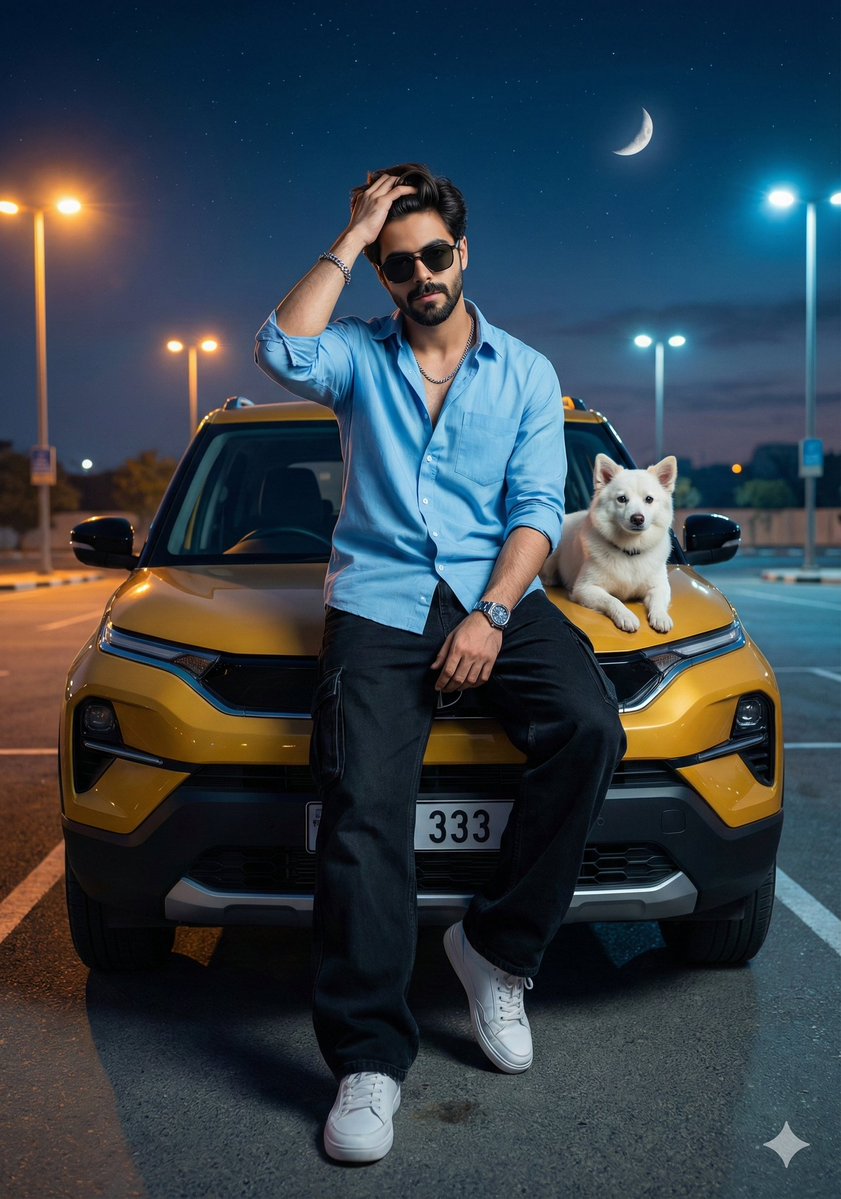 Cinematic Night Fashion Portrait with Luxury SUV and Dog 2