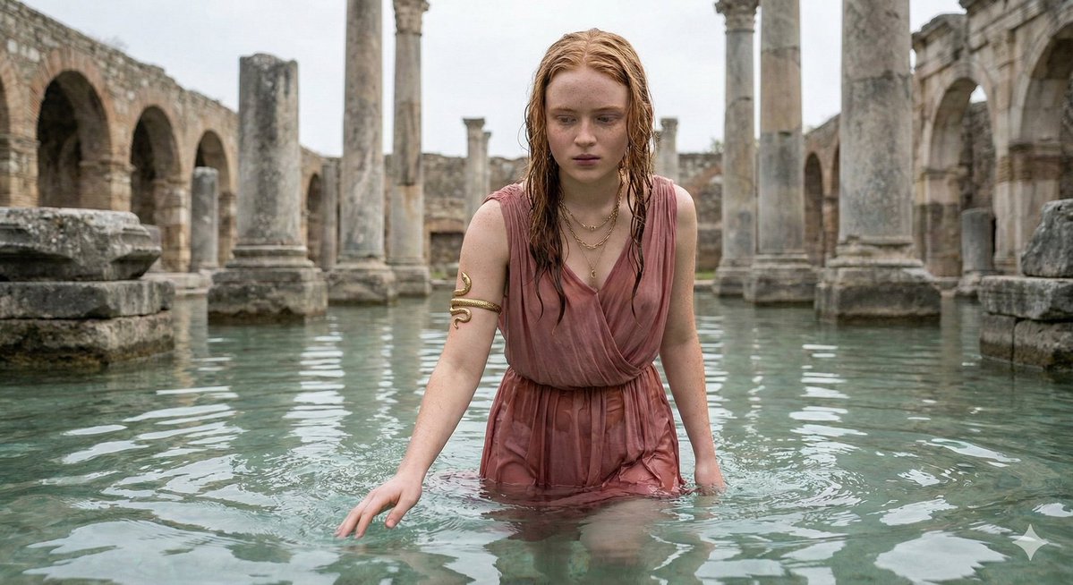 Sadie Sink in Grecian Dress in Ancient Ruins 2
