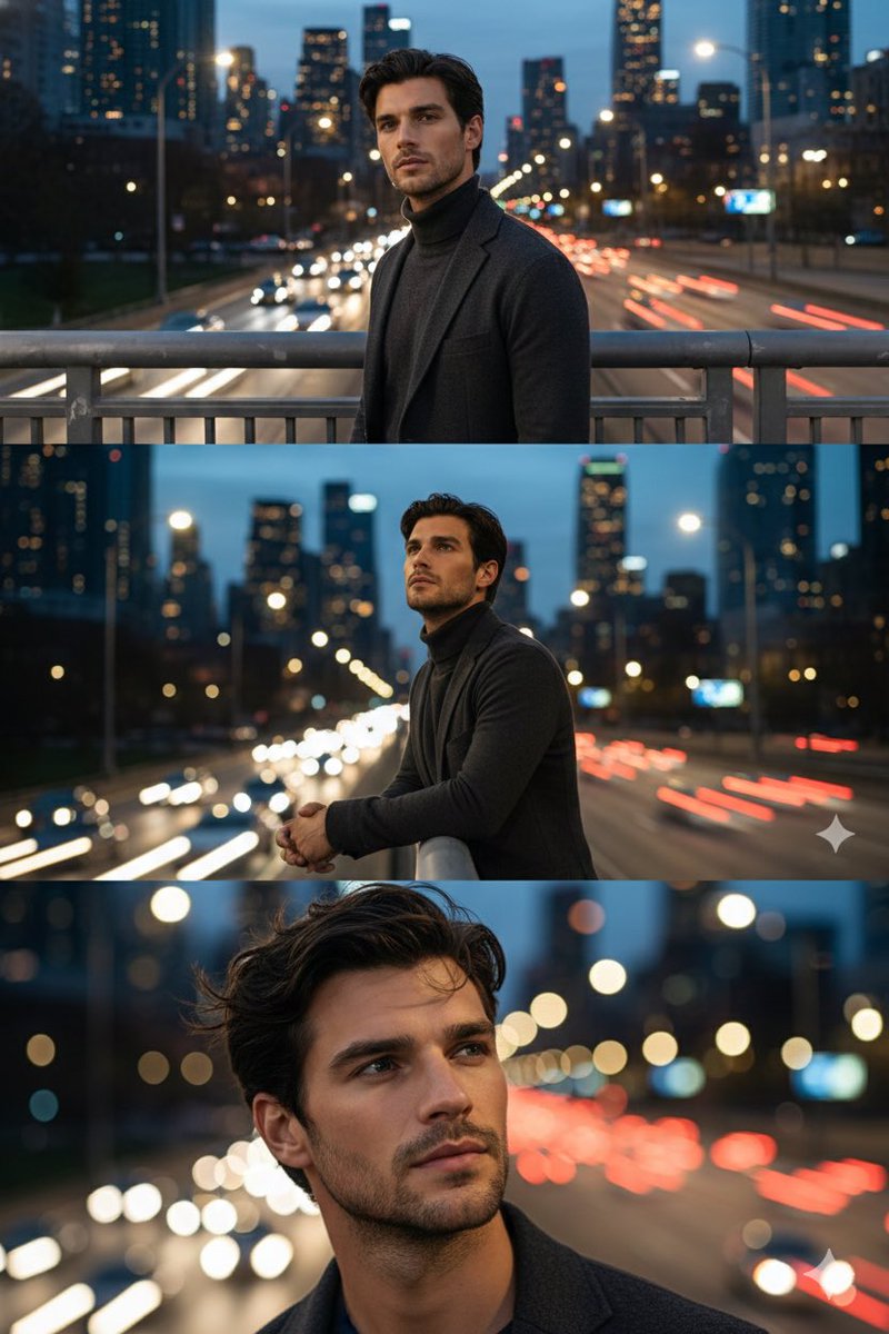 Cinematic Triptych Portrait on a Night Bridge 1