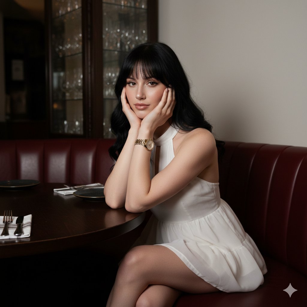 High-Contrast Flash Portrait in Dimly Lit Restaurant Prompt 1
