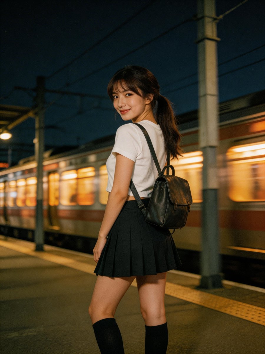 Cinematic Vintage Photograph of Woman by Moving Train (Image-to-Image) 1