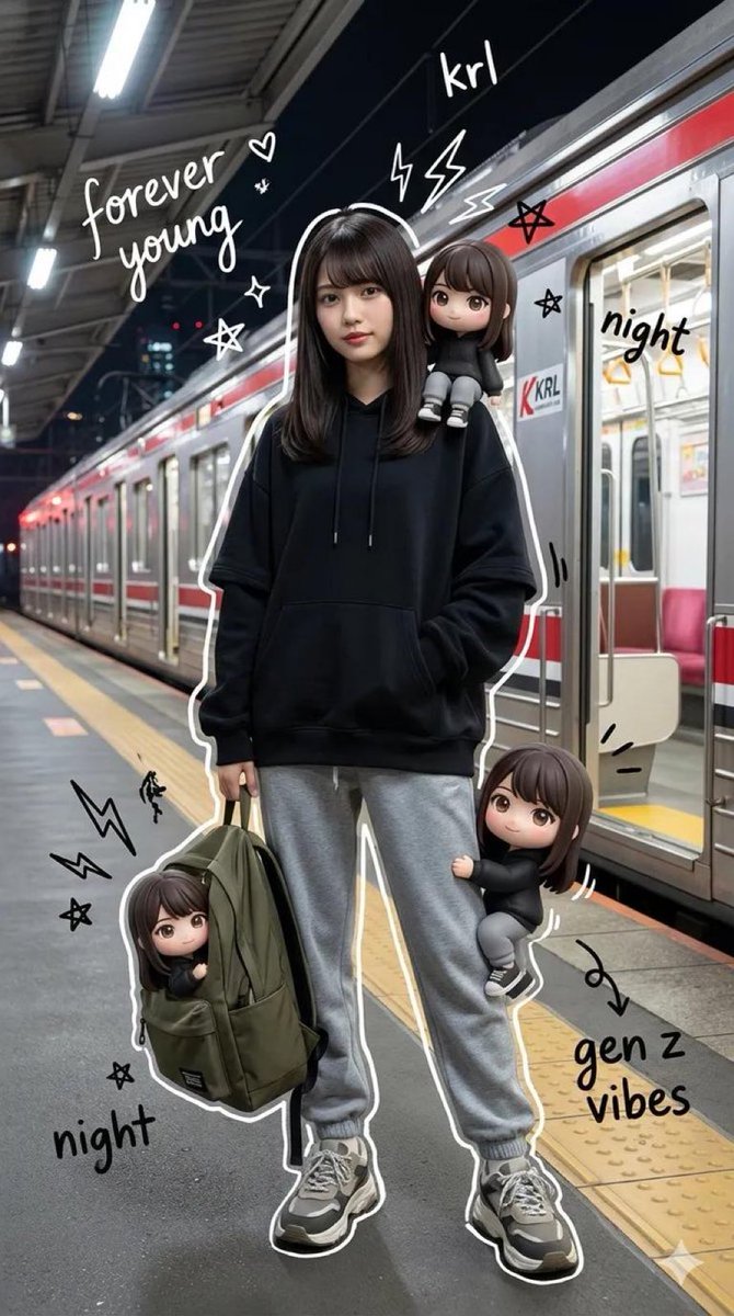 Mixed Media Portrait of Gen Z Teenager with Chibi Companions 1